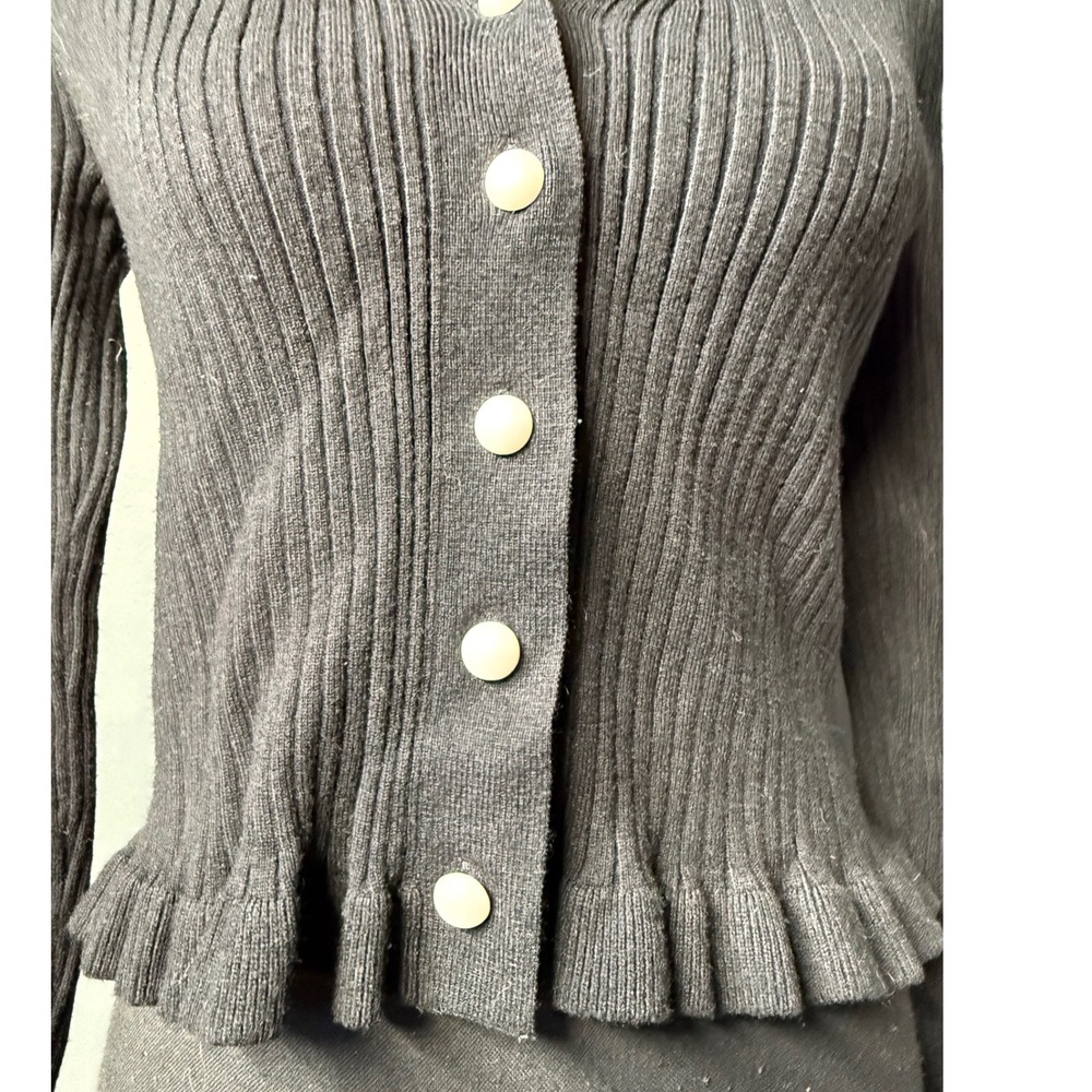 Commense Black Ribbed Peplum‎ Cardigan Ruffle Cuff Button Front V-Neck Large - Picture 3 of 8